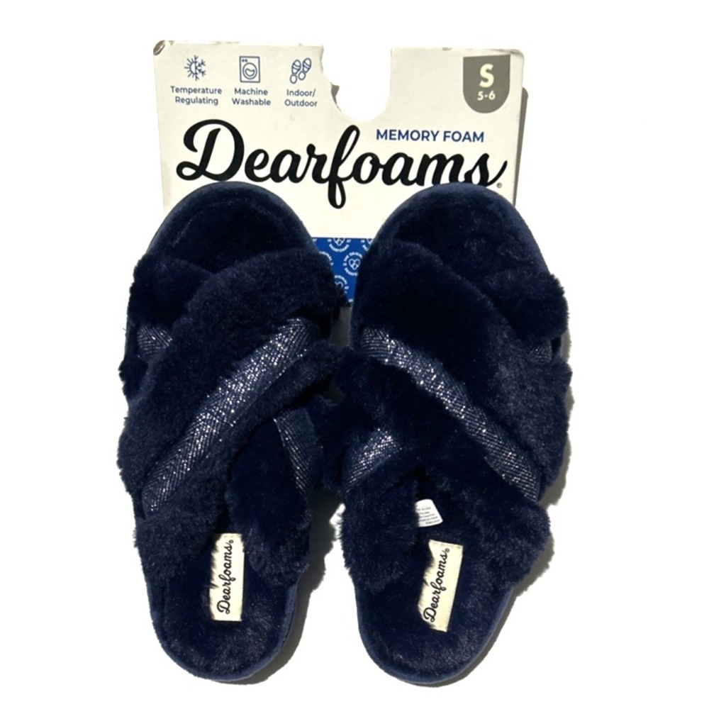 Dearfoams Memory Foam Slippers Size S 5-6 Navy Blue Crossband Cozy Fluffy Warm
